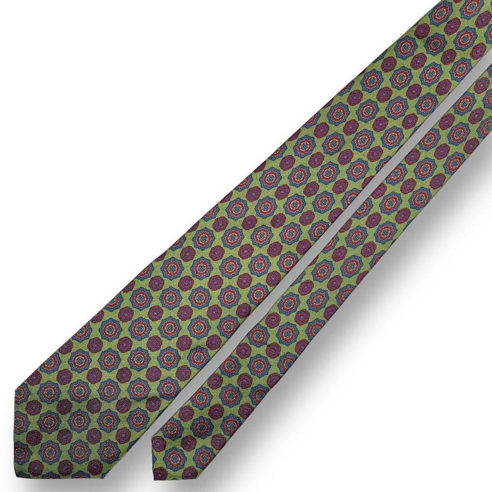 VITALIANO PANCALDI GUC Men’s Vintage Green/Red Medallion Foulard 100% Silk Tie - Picture 3 of 8
